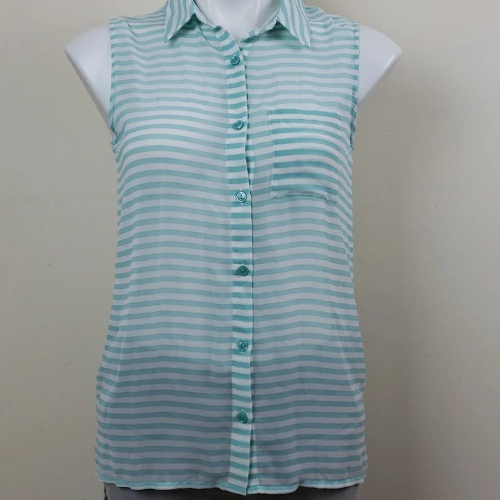 Olive & Oak Sheer Striped Button Down High-Low Top